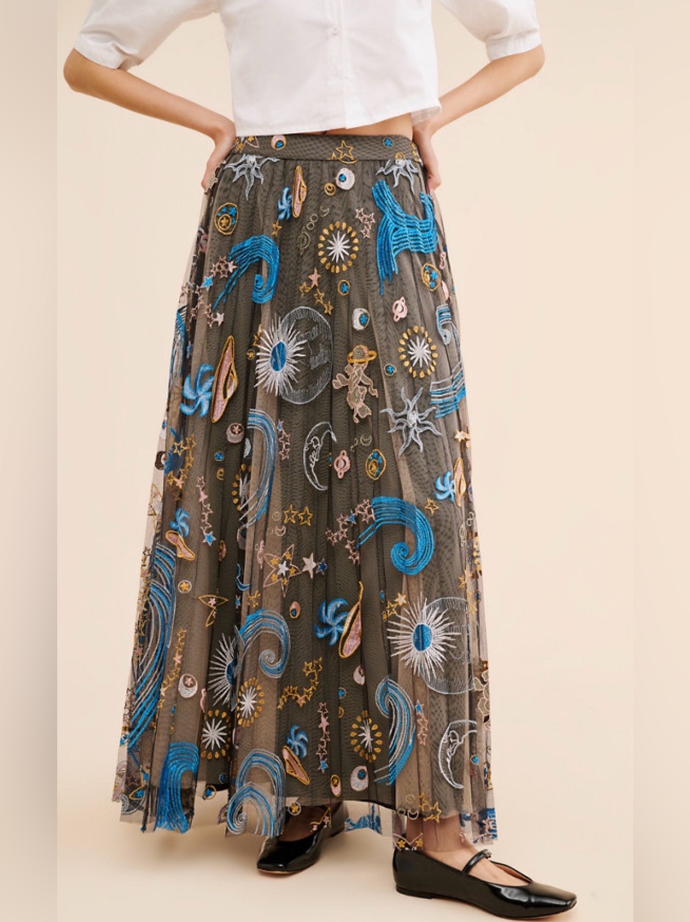 Anthropologie Olive Maxi Skirt with Blue and Gold Embroidery
